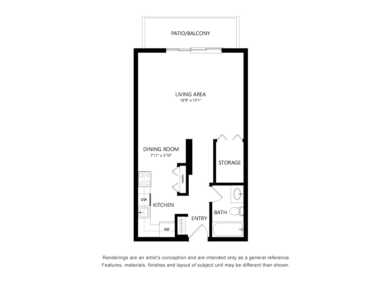 Floor plan for studio, 1 bath, 533 sqft